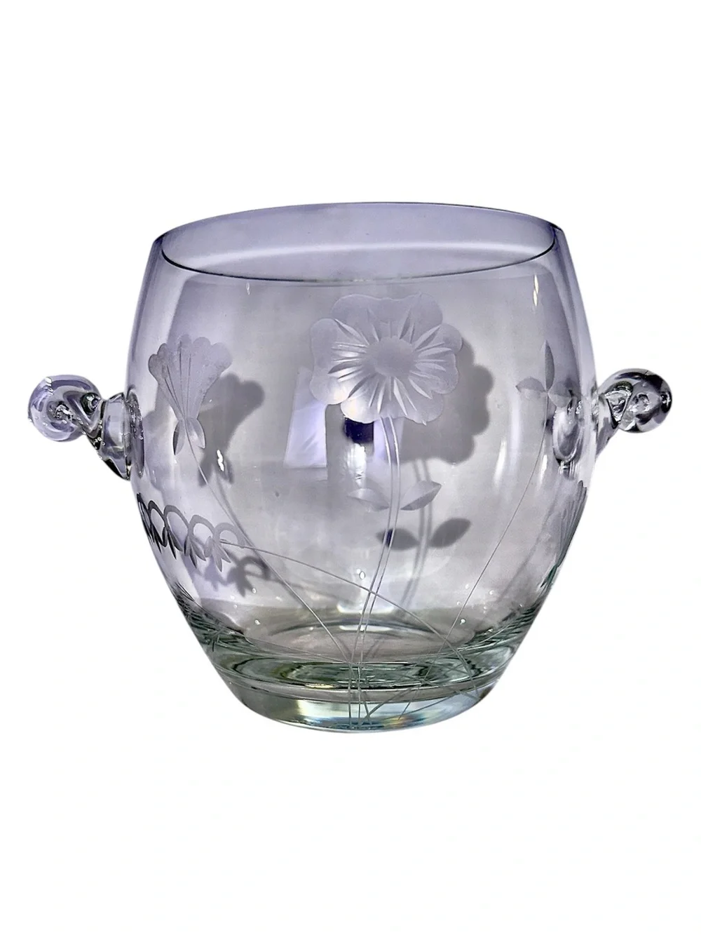 Vintage Hand Blown Etched Floral Art Glass Ice Bucket Wine Bottle Holder Handles